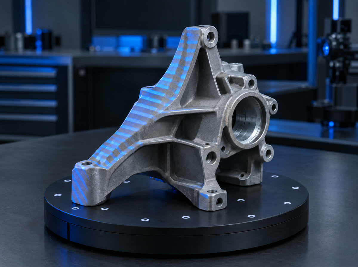 Scanner 3D portátil capturando uma peça mecânica com luz azul estruturada