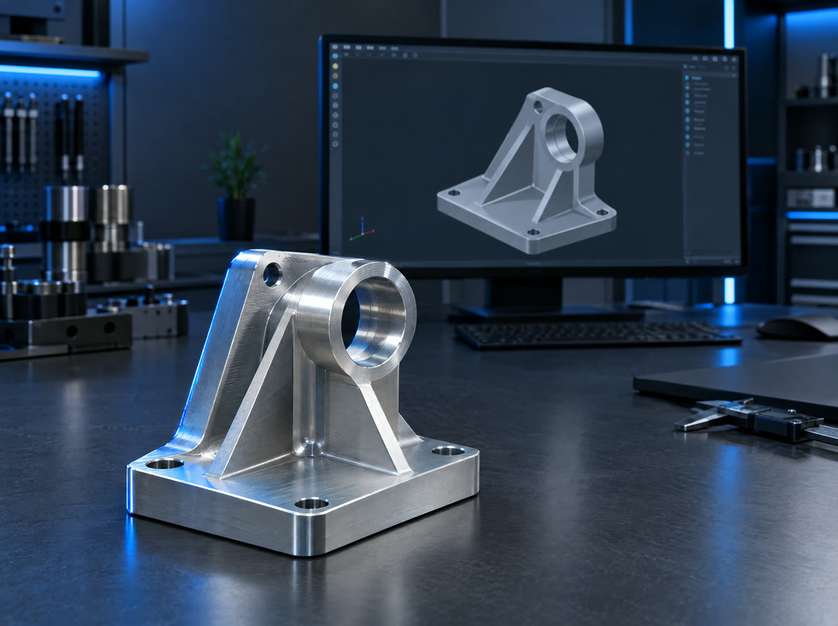 Modelo CAD de um suporte mecânico na tela, ao lado da peça física