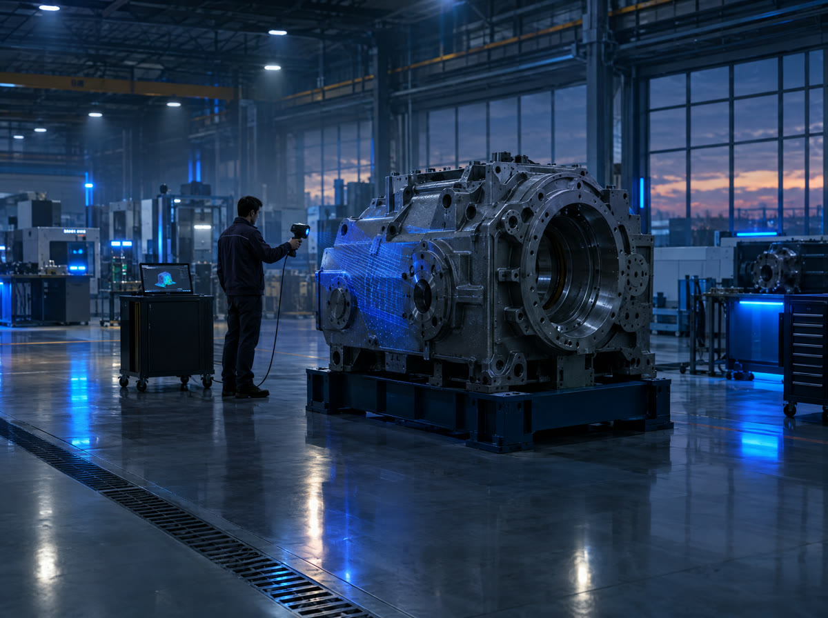 Técnico escaneando uma peça industrial grande no chão de fábrica