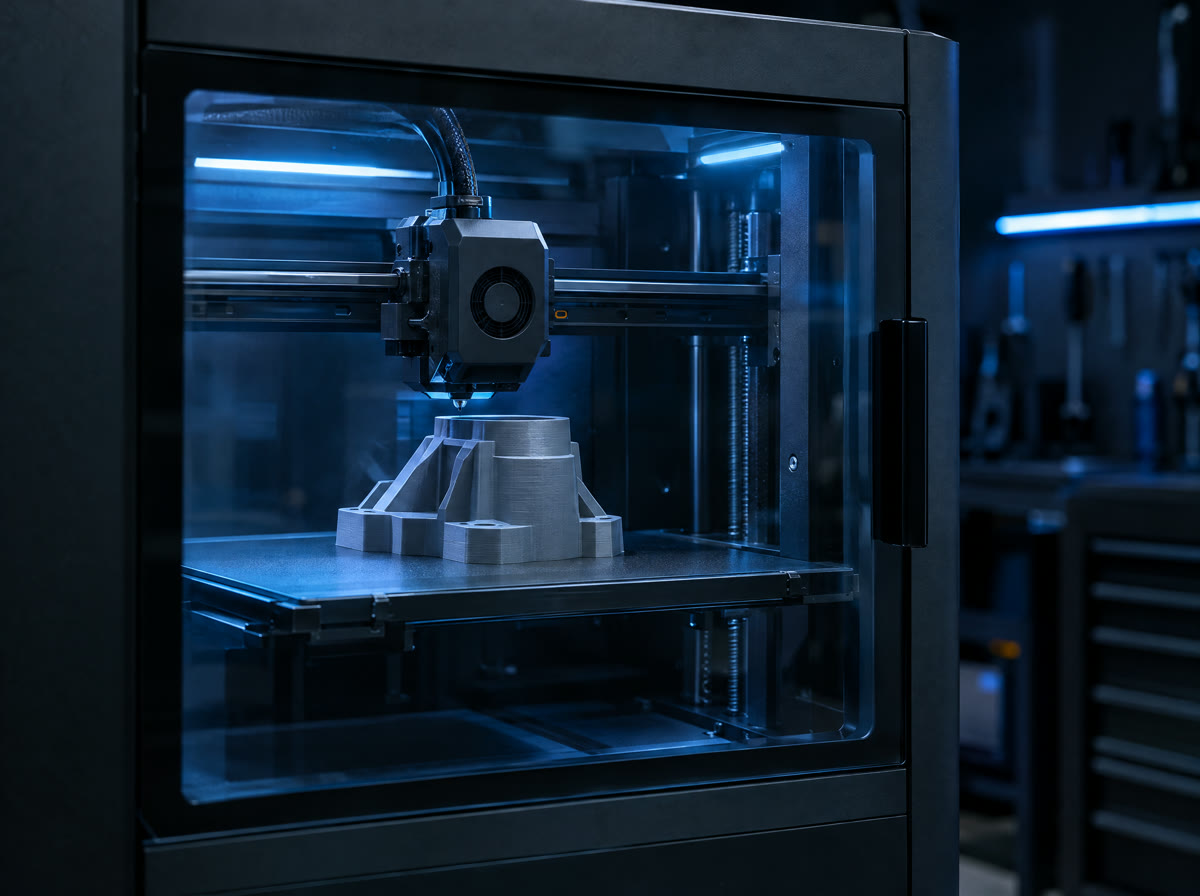 Impressora 3D fechada imprimindo um protótipo cinza